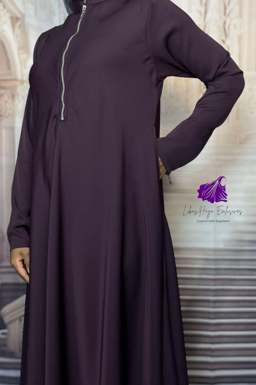 Abaya-2 Piece Abaya & Khimar Set, Zainab Abaya & khimar set with zipper sleeves-Purple