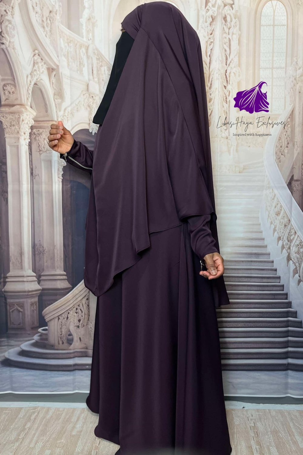 Abaya-2 Piece Abaya & Khimar Set, Zainab Abaya & khimar set with zipper sleeves-Purple