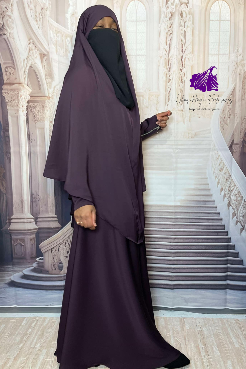 Abaya-2 Piece Abaya & Khimar Set, Zainab Abaya & khimar set with zipper sleeves-Purple