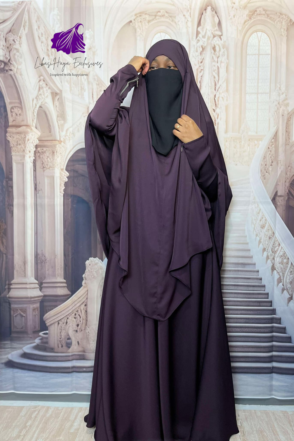 Abaya-2 Piece Abaya & Khimar Set, Zainab Abaya & khimar set with zipper sleeves-Purple