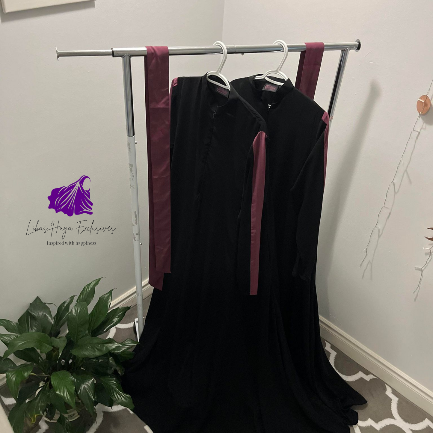 Abaya Asma - Black & Mauve(Ships to South America)