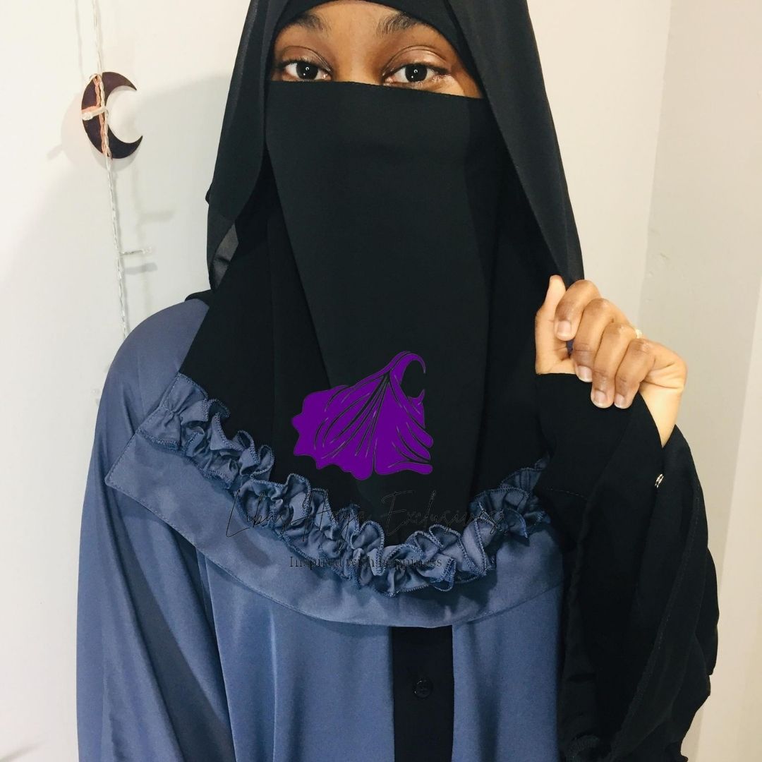 ruflle matching half niqab in silver blue and black