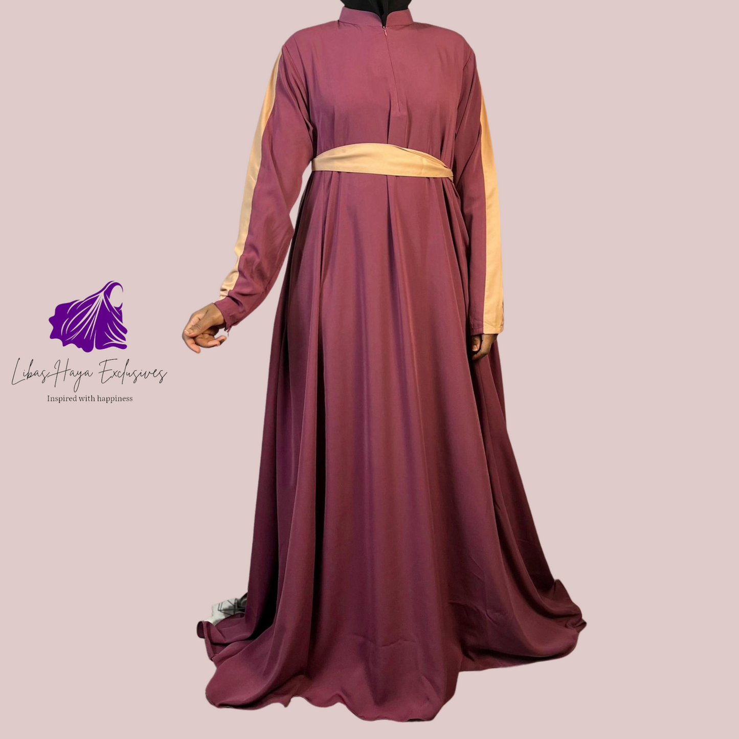 Abaya Asma- Mauve & Cream Abaya dress with pockets and Zippered sleeves.