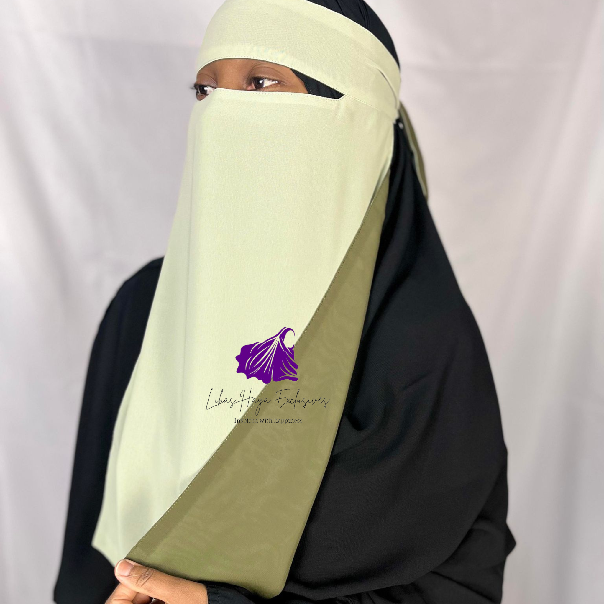 Niqab, Raahah Reversible Niqab -Khaki Green & Mint (Ships to North America)