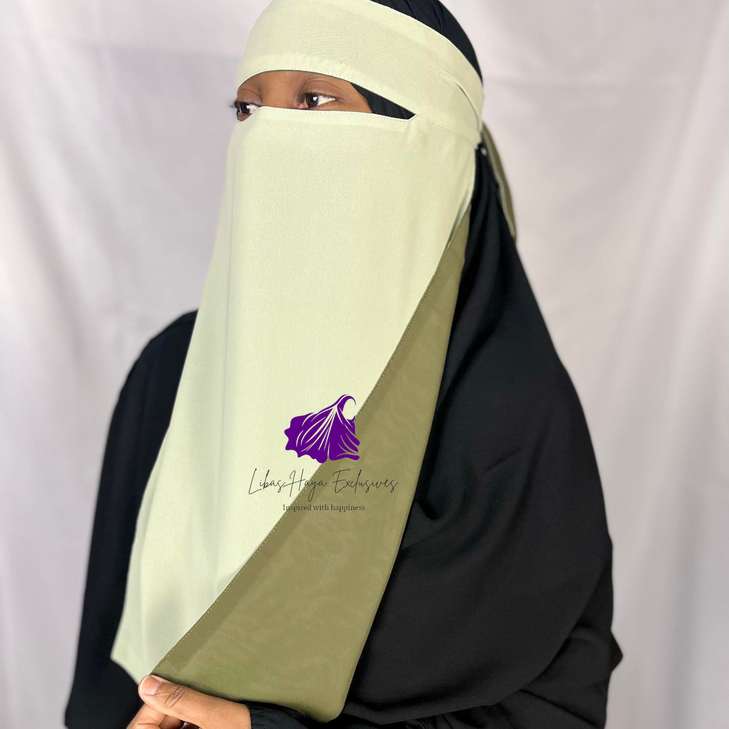 Niqab, Raahah Reversible Niqab -Khaki Green & Mint (Ships to South America)