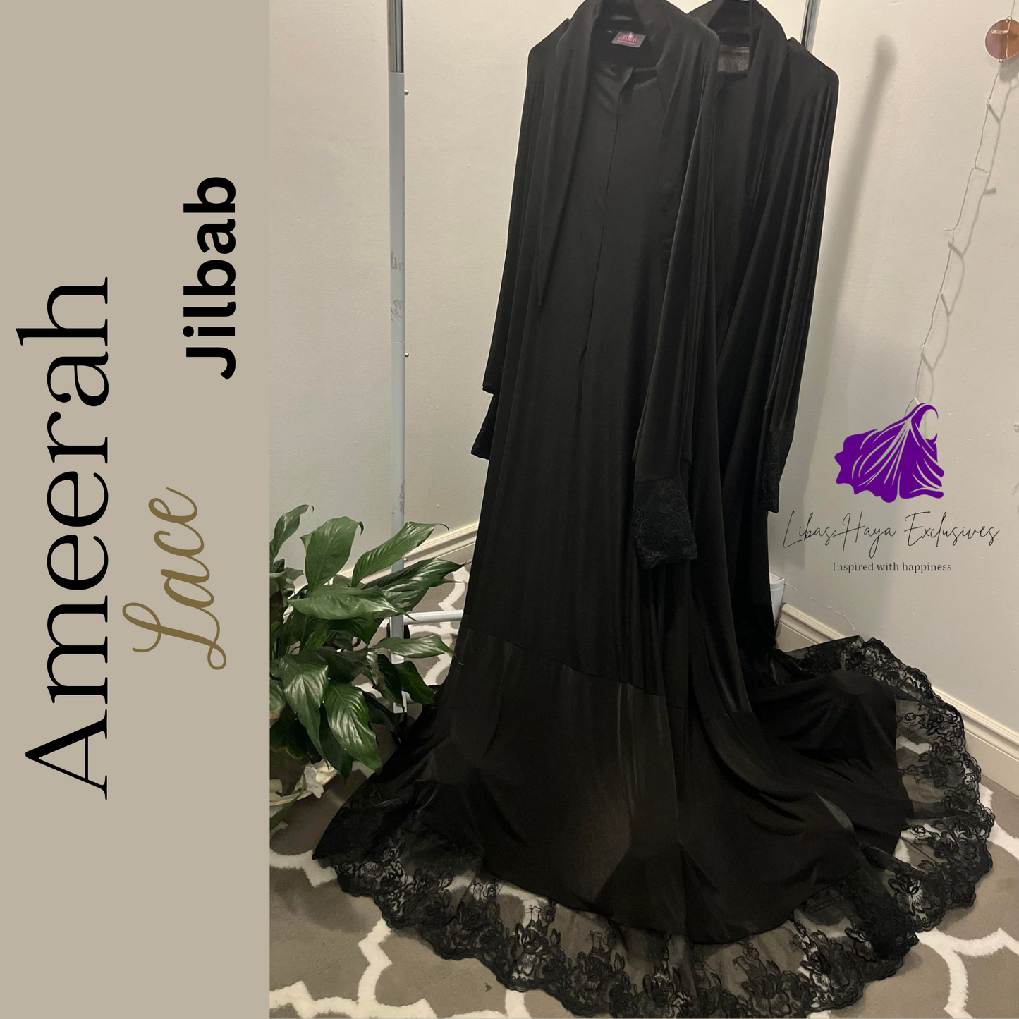 Jilbab, Ameerah One Piece lace Jilbab-Black (Ships to South America)